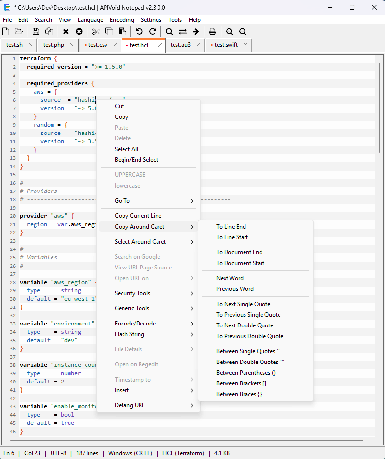 APIVoid Notepad, a Notepad++ alternative for Windows, showing tabbed editing with syntax highlighting and a rich right-click menu