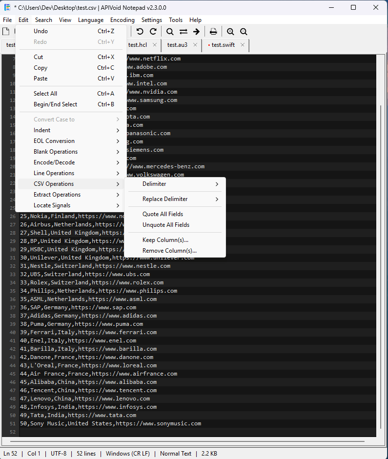 CSV Operations in APIVoid Notepad: delimiter control, quote and unquote fields, keep or remove columns