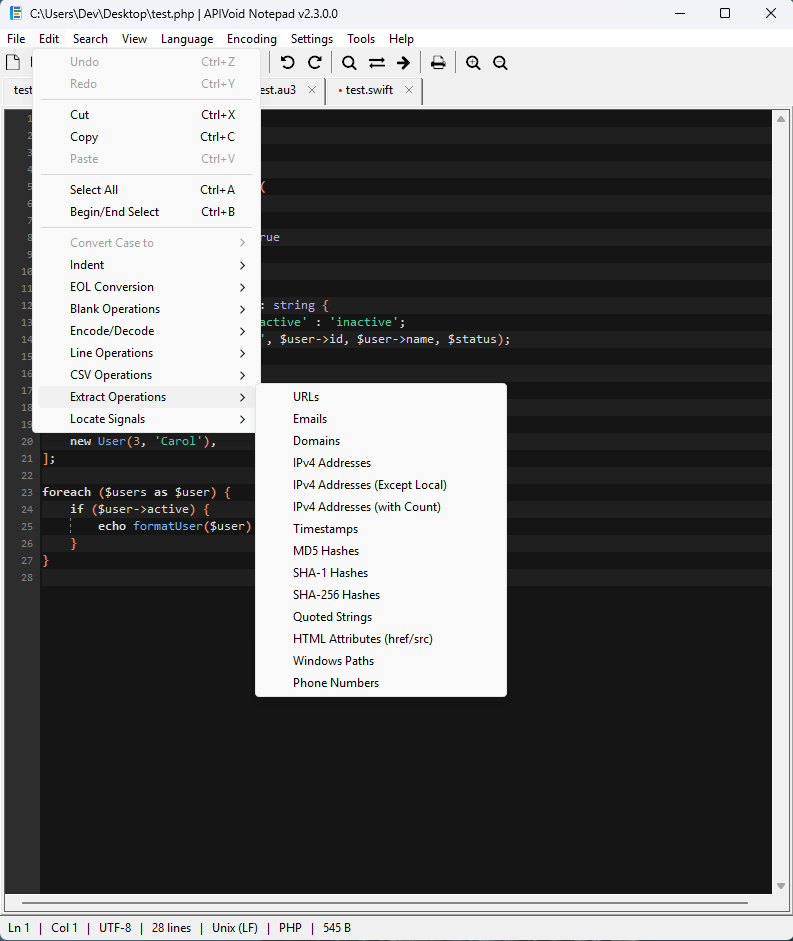 Extract Operations menu in APIVoid Notepad pulling URLs, emails, IPv4 addresses and hashes out of a log file