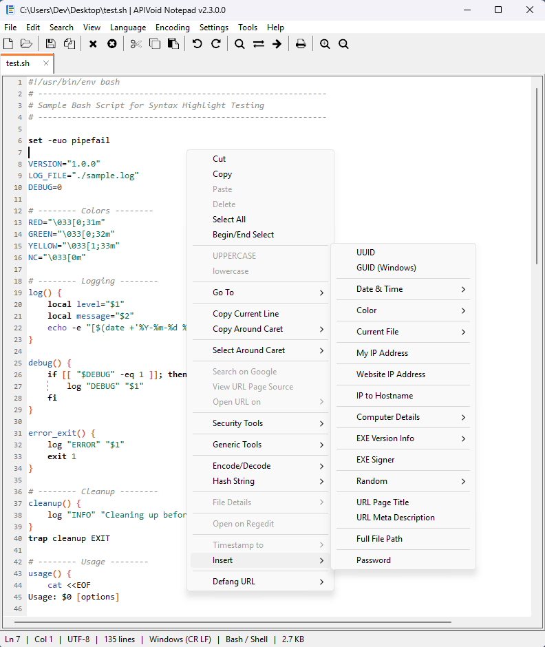 Right-click power tools in APIVoid Notepad: encode and decode, hash string, insert UUID, defang URL