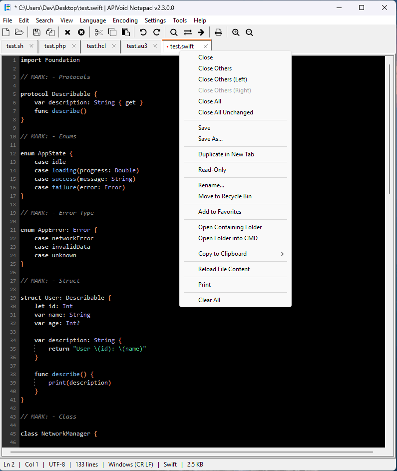 Tab caption menu in APIVoid Notepad showcasing options avaiulable on the tab context menu