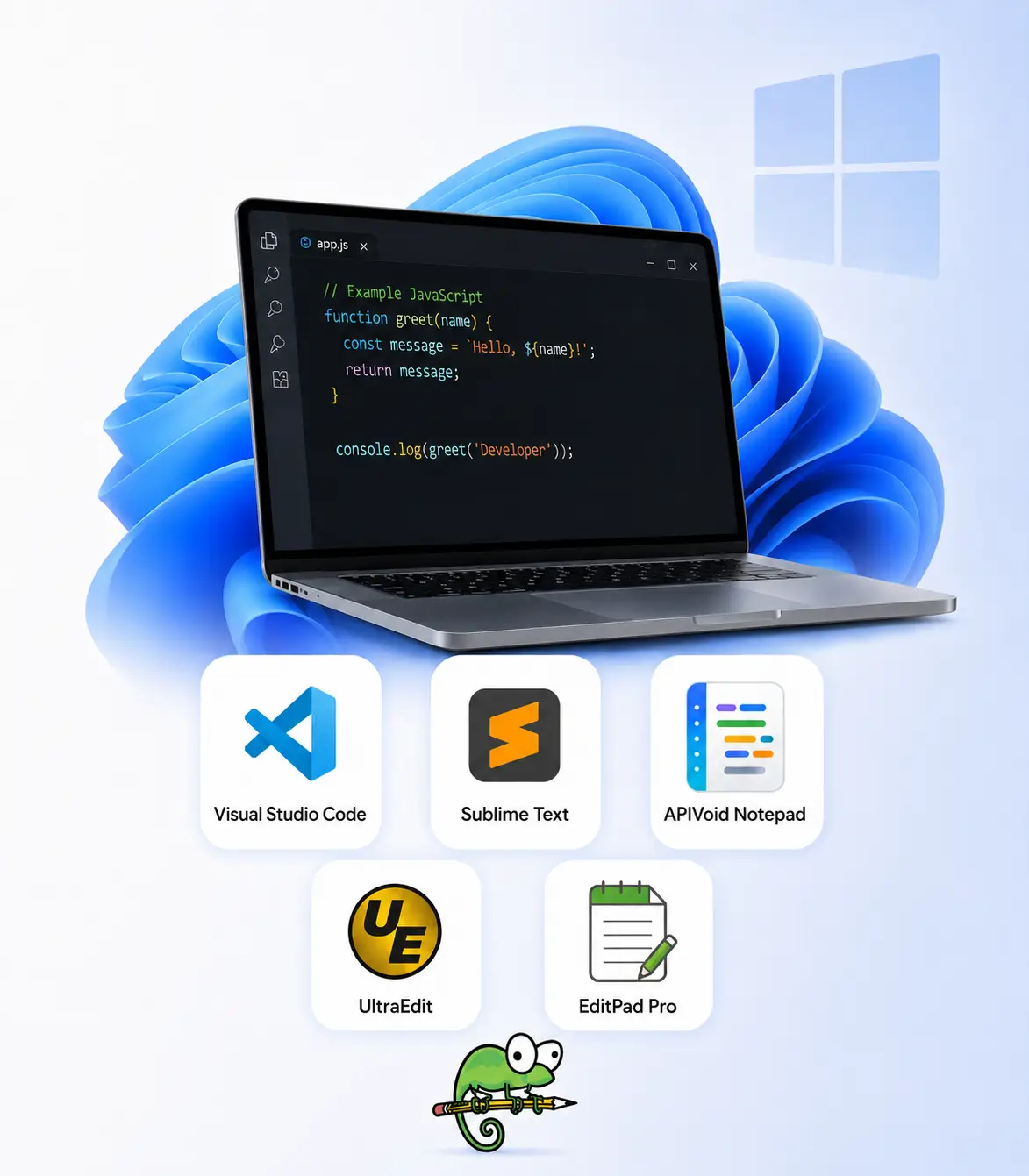 Best Notepad++ alternatives for Windows: a laptop running a code editor above the icons of Visual Studio Code, Sublime Text, APIVoid Notepad, UltraEdit and EditPad Pro